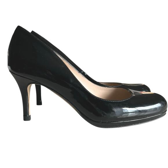 L K BENNETT Sledge Court Black Patent Heels Sz 37 EU Office Dressy Almond Toe - Picture 1 of 8
